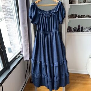 Lane Bryant Dress 14 Navy Blue Dot Off Shoulder Puff Sleeve Tiered Hi Low Maxi
